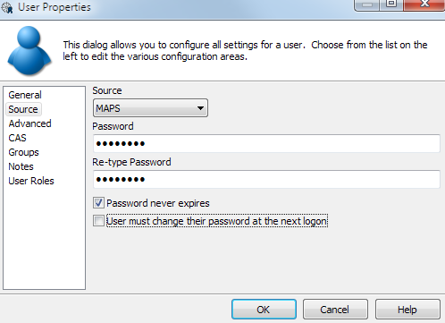 Source tab showing a MAPS user with starred out password
